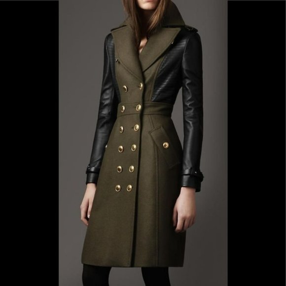 BURBERRY WOOL AND LEATHER LUXURIOUS MILITARY STYLE TRENCH COAT HOST PICK!!!